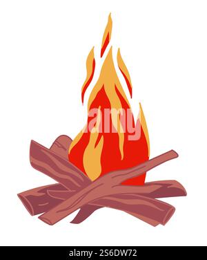 Fireplace or bonfire for outdoors activities, isolated icon of fire with logs. Adventures outside or warm cozy evening at home. Sparkling burning wood bricks in red flame. Vector in flat style. Bonfire with logs, warming up place fireplace Stock Vector