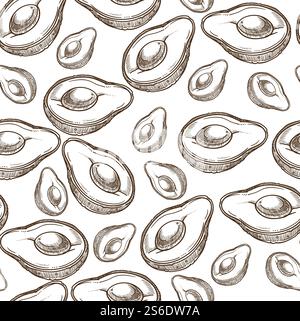 Organic vegetable with seed, avocado seamless pattern. Oily berry, cosmetics or cooking. Essential aromatic plant for skin and hair treatment. Monochrome sketch outline, vector in flat style. Avocado with seed, organic vegetable seamless pattern vector Stock Vector