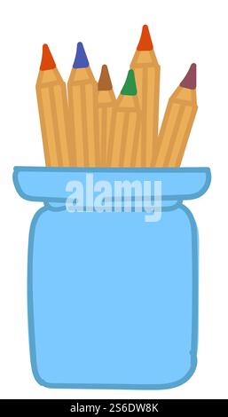 Office stationery and school supply, isolated icon of cup with colorful pencils for drawing. Artist instruments, art lessons or therapy. Workplace and creative hobby tools. Vector in flat style. Colorful pencils in cup, stationery office supply Stock Vector