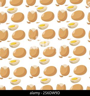 Chicken eggs whole and broken piece seamless pattern. Organic food and natural ingredients from farm. Market assortment for cooking, preparing food and dishes. Nutrition and dieting seamless pattern. Whole and broken eggshell, natural product seamless pattern Stock Vector