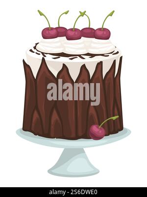 Sweet chocolate cake made with cocoa and cinnamon, decorated with fresh cherries and mousse. Creamy top of dish, restaurant or cafe menu. Yummy pie. Bakery shop product, vector in flat style. Chocolate cake with mousse and cherries vector Stock Vector