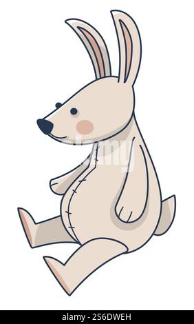 Rabbit plush bunny with long ears, isolated icon of vintage toy for sleeping or playing. Stuffed hare, woodland animal. Fluffy rabbit with small muzzle and blush cheeks. Vector in flat style. Plush bunny with long ears, rabbit stuffed toy Stock Vector