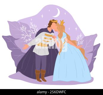 Fairy tale characters by moonlight. Prince kissing princess, people in love in fantasy magic world. Cartoon or romance of boy and girl. Dating man and woman wearing crowns. Vector in flat style. Prince and princess kissing at night, fairy tale Stock Vector