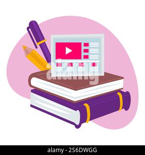 Technologies for distant studies and online education, isolated icon with school supplies. Webpage with video and books, pen and pencil for writing. Teaching and reading vector in flat style. Online education and studies in distant format, modern technologies Stock Vector