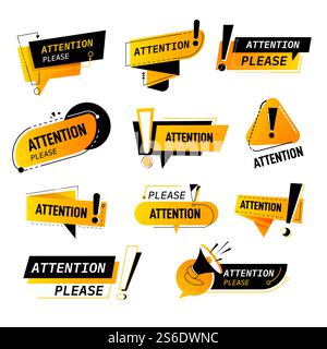 Caution and attention please, isolated banners and labels with exclamation mark and inscription. Warning and problem, hazard and alert, symbol of danger and risk. Stop sign. Vector in flat style. Attention please, banners and labels with caution Stock Vector