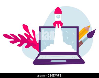 Startup or online education, obtaining knowledge in internet or starting business project using laptop. Computer with flying rocket, pencil and brush with decorative foliage vector in flat style. Education and online knowledge obtaining or startup vector Stock Vector