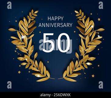 Celebrating golden anniversary, festive banner with gold laurel wreath and inscription. Spending 50 years in marriage. Congratulation or greeting card with decorative foliage. Vector in flat style. Happy anniversary golden laurel leaves banner Stock Vector