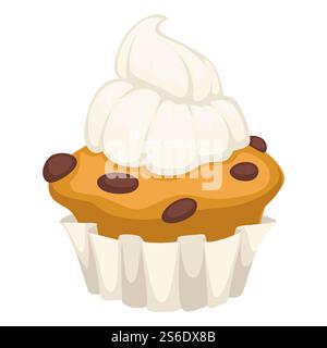 Dessert baked in bakery, cupcake decoration with whipped cream or mousse. Cooked cake with raisins, snacks sweets in cafe or restaurant. Menu icon, homemade treat, confectionery vector in flat. Cupcake with chocolate raisins and whipped cream vector Stock Vector