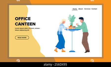 In Office Canteen Eat Colleagues Together Vector. Company Employees Eating Delicious Food Dinner At Office Canteen Table. Characters Having Meal And Discussion Web Flat Cartoon Illustration. In Office Canteen Eat Colleagues Together Vector Stock Vector