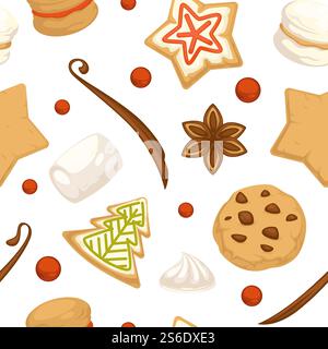 Xmas gingerbread cookies with glaze and frosting on top seamless pattern. Christmas food celebration, traditional sweets. Marshmallow and berries, anise and whipped cream. Vector in flat style. Christmas gingerbread cookies and pastry pattern Stock Vector