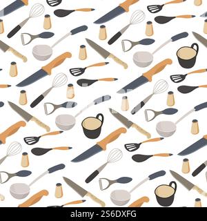 Utensils used in food cooking process seamless pattern. Knives and spoons, spatula and salt shaker. Cup for serving hot beverages. Kitchenware and cookware, culinary instruments vector in flat. Kitchen tools, utensils and cups for beverages seamless pattern Stock Vector
