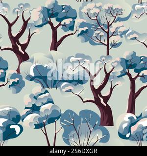 Branches of trees and bushes covered with heavy snow. Watercolor nature in winter season. Cold weather, blizzard snowing outside in wintertime. New year and xmas. Seamless pattern, vector in flat. Bushes trees branches covered with snow pattern Stock Vector