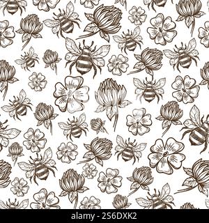 Flowers in bloom pollen by flying bees, colorless seamless pattern. Bumblebee insect buzzing by wildflowers. Flourishing plants with petals and leaves. Monochrome sketch outline, vector in flat style. Flying bee and flowers in bloom seamless pattern Stock Vector