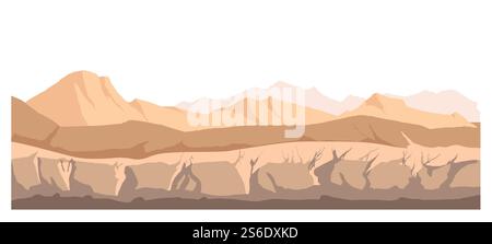 Wasteland empty scenery of nature, hills and mountains ranges. Rigid surface of ground and rocks, valley with mud and dirt. Wild scene with cracked soil, rural landscape vector in flat style. Landscape of nature with dry climate, empty wasteland Stock Vector