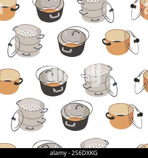Kitchenware and saucepans for preparing food, seamless pattern. Empty containers with caps and lids, kitchen equipment for cooking. Clean appliances for home and household, vector in flat style. Saucepan for cooking and preparing food seamless pattern Stock Vector