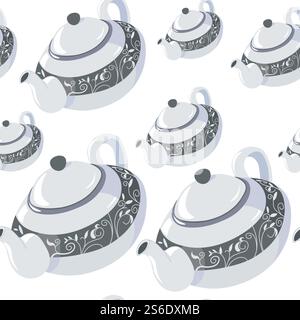 Teapot designed in classic style, decorated with ornaments seamless pattern. Tableware for tea, container with lid and handle. Dishware for serving hot beverage, decorative ceramic crockery, vector. Classic teapot with lid, handle and ornamental decor Stock Vector