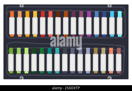 School supplies and office stationery, box with colorful pencils. Permanent markers and highlighter for marking. Pens for drawing and creating artworks. Multicolored palette. Vector in flat style. Colorful permanent markers or highlighters vector Stock Vector