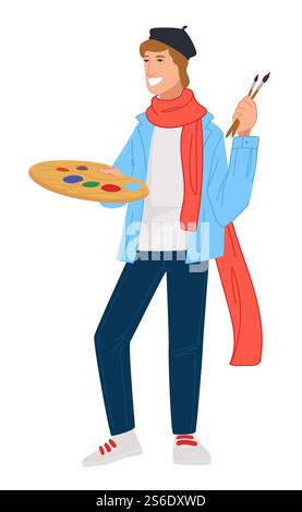 Talented artist using palette with paints to draw painting, isolated male character with brushes. Student or teacher on workshop or masterclass. Contemporary art movement. Vector in flat style. Artists with palette colors, painter with brushes Stock Vector