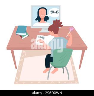 Online education, girl doing homework assisted by tutor. Video conference with teacher from school. Educational videos with explanation to tasks. Quarantine activities of children vector in flat. Distant studies, girl talking to tutor via computer Stock Vector