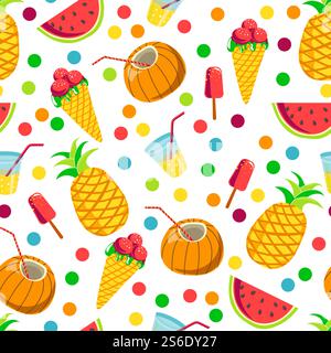 Summer fruits and food seamless pattern of ice cream, coconut cocktail, watermelon and pineapple. Slices of sweet meal, seasonal snacks and vitamins. Exotic plants with decorative dots vector. Tropical prints pineapple and watermelon, coconut cocktails seamless pattern Stock Vector