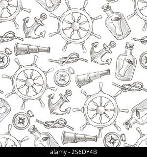 Nautical objects anchors and zooming tube seamless pattern. Voyage items, glass bottle with letter, steering wheel, rope with knot. Ancient expeditions by sea. Monochrome sketch outline, vector. Voyage by sea or ocean, anchor and wheel seamless pattern Stock Vector