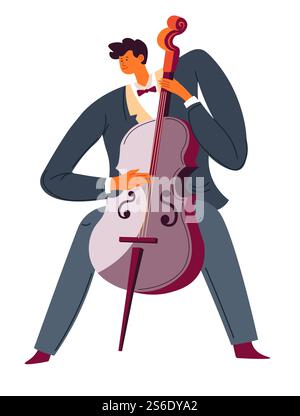 Male character playing violoncello, isolated personage in suit performing classical music on cello. Professional musician on stage or rehearsal. Workshop or solo concert. Vector in flat style. Violoncello player, classic music performer, cello instrument vector Stock Vector