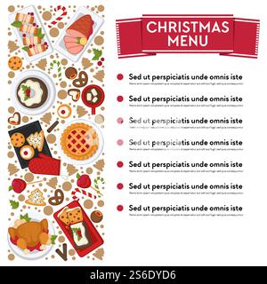 Restaurant or cafe menu with dishes on xmas. Christmas holidays traditional food. Template with ingredients and names of dishes. Pies and cakes, meat and fresh vegetables. Vector in flat style. Christmas menu with dishes and ingredients vector Stock Vector