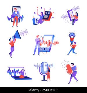 Smartphone and microphone sound wave isolated abstract icons vector volume speaker and megaphone music player and laptop record voice listen to song or melody audio information man and woman. Sound wave isolated abstract icons smartphone and microphone Stock Vector