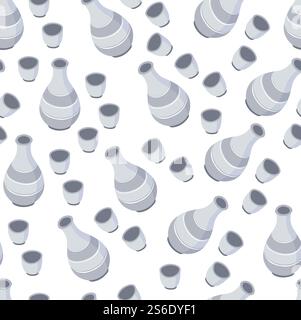 Jug and cup pair seamless pattern, vase and mug. Tableware for liquids serving, classic design of kitchenware, retro crockery. Handmade pitcher or container for drinks, beverages storage vector. Tableware seamless pattern, pitcher and cup for drinks Stock Vector