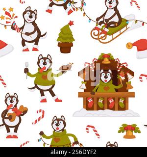 Funny husky character celebrating winter holidays seamless pattern. Dog riding sleigh, selling souvenirs in stall. Pine tree decorated with baubles in pot. Candies and cracker. Vector in flat style. Husky character celebrating christmas holidays Stock Vector