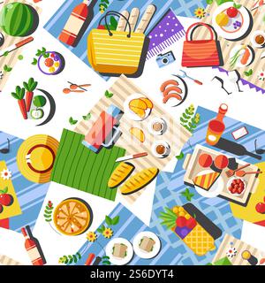 Top view of tablecloth with food and dishes for picnic. Hats and bags laying on blanket. Eating outdoors or camping on nature. Summertime vacation relax. Seamless pattern, vector in flat style. Picnic outside, tablecloth with food and clothes Stock Vector