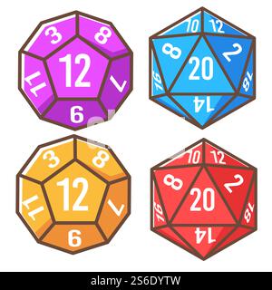 Dice cube with many sides and numbers, board game objects. Polyhedron of geometric shape, playing and throwing polyhedral construction. Multi sides of shape showing combinations. Vector in flat style. Polyhedron dice cube with numbers, playing games Stock Vector