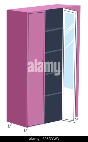 Furniture for home interior design. Isolated wardrobe with shelves and mirror, storage for changing room. Organization at apartment, rack for clothes. Trendy pink garderobe. Vector in flat style. Pink wardrobe with shelves and mirror, interior design Stock Vector