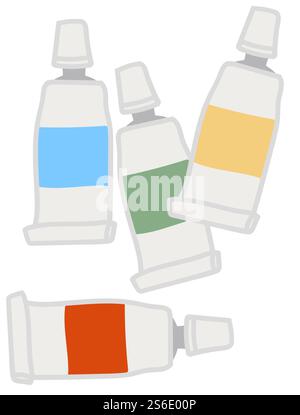 Art supplies for painting pictures and masterpieces, paint of different colors in tubes. Pallets or pigments used for work. Artist and master class, teaching on workshop. Vector in flat style. Tubes with paint for drawing and artist classes Stock Vector