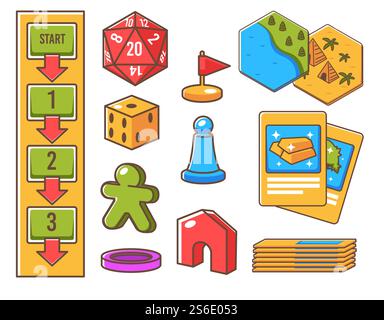 Board game playing cards, isolated elements of rpg. Geometrical dice cube with sides and numbers. Cards with gold fortune and locations, flags and human figurine, steps. Vector in flat style. Board game elements, flags and cards for playing Stock Vector