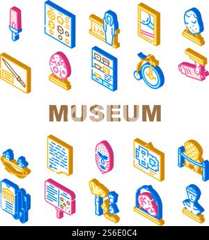 Museum Exhibits And Excursion Icons Set Vector. Museum Cctv And Audio Guide, Coins And Skull, Dinosaur Egg And Meteorite, Statue And Pottery Isometric Sign Color Illustrations. Museum Exhibits And Excursion Icons Set Vector Stock Vector