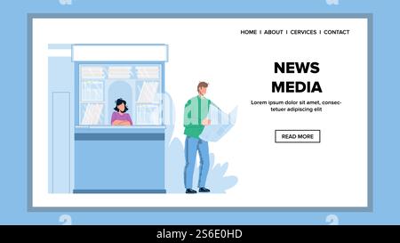 News Media And Newspaper Read Businessman Vector. News Media Information And Business Article Reading Young Man Near Newsstand On Street. Characters Client And Seller Web Flat Cartoon Illustration. News Media And Newspaper Read Businessman Vector Stock Vector