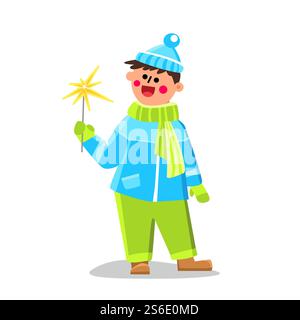 Burning Sparkler Holding In Hand Kid Boy Vector. Happy Child Hold Festival Glittering And Sparkling Sparkler Accessory For Celebration Christmas And New Year. Character Flat Cartoon Illustration. Burning Sparkler Holding In Hand Kid Boy Vector Stock Vector