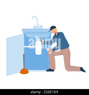 Plumber In Working Overall Fixing Sink Vector. Plumber Man Fix Kitchen Or Bathroom Pipe Leak With Spanner. Character Repairman Removing Blockage, Plumbing Repair Service Flat Cartoon Illustration. Plumber In Working Overall Fixing Sink Vector Stock Vector