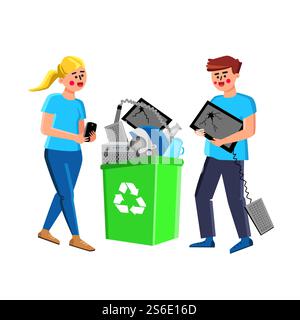 Electronic Waste People Throw Out In Basket Vector. Man Holding Damaged Computer Screen And Keyboard, Woman Hold Broken Smartphone, Recycling Technology Waste. Character Flat Cartoon Illustration. Electronic Waste People Throw Out In Basket Vector Stock Vector