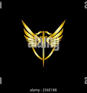 Gold winged sword with shield vector icon. Stock Vector
