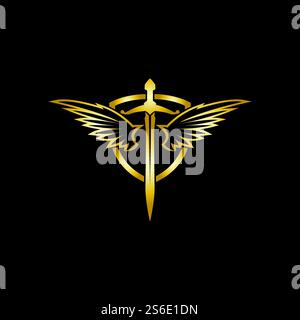 Gold winged sword with shield vector icon. Stock Vector