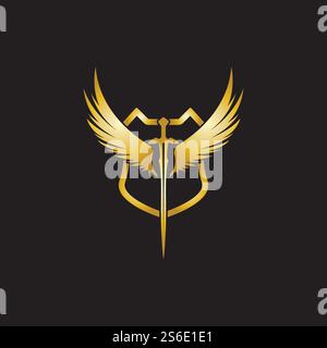Gold winged sword with shield vector icon. Stock Vector