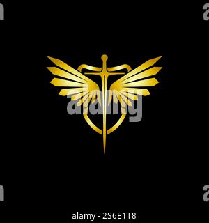 Gold winged sword with shield vector icon. Stock Vector