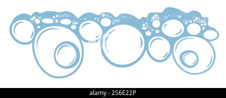 Soap suds isolated banner with bubbles and copy space. Icon of foamy water made by cosmetics or detergent. Bathroom or laundry. Shampoo or shaving gel bubbly blue cream. Vector in flat style. Bubbly water, foam with bubbles and soap suds Stock Vector