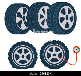 Automobile rubber tires with tracks, isolated icons of car tyres and special equipment for measuring pressure. Wheels for automobile, maintenance and mechanics services. Vector in flat style. Car tyre pressure measuring and car maintenance Stock Vector