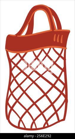 Trendy ecological mesh bag of strings with handle. Shopping tote for buying groceries and products. No plastic and zero waste lifestyle. Saving planet and environment from pollution. Vector in flat. Ecological mesh bag made with strings, eco tote Stock Vector