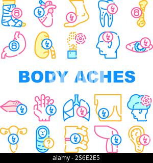 Body Aches Problem Collection Icons Set Vector. Heart And Teeth, Bone And Eye, Chest And Uterus, Leg And Fingers Sharp And Unknown Pain Concept Linear Pictograms. Contour Color Illustrations. Body Aches Problem Collection Icons Set Vector Stock Vector