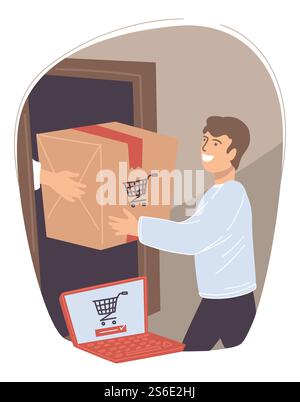 Man receiving order from online shop. Male character happy to get box with goods bought in internet. Personage with laptop showing trolley icon. Shipment and delivery of products. Vector in flat style. Male character receiving parcel from web site Stock Vector