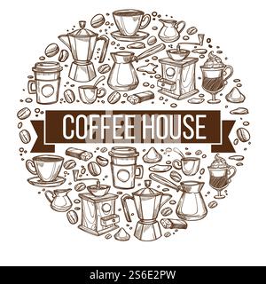 Tasty coffee house, isolated banner with different types of beverages, Mocha and espresso, glacee and tea. Cezve and cofffeemaker machine with pots. Monochrome sketch outline, vector in flat style. Coffee house circular banner with cups and beans Stock Vector
